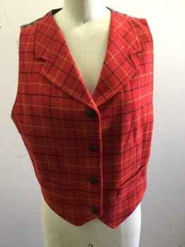 Womens, Vest, GAP, Red, Navy Blue, Tan Brown, Wool, Polyester, Plaid, Medallion Pattern, S, Button Front, Notched Lapel, Full Back with Tie Medallion Print