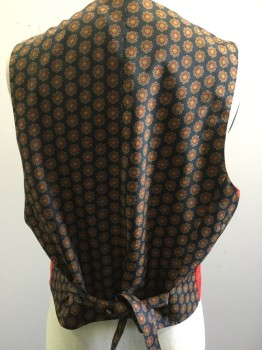 Womens, Vest, GAP, Red, Navy Blue, Tan Brown, Wool, Polyester, Plaid, Medallion Pattern, S, Button Front, Notched Lapel, Full Back with Tie Medallion Print