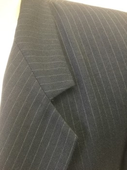 Mens, Suit, Jacket, N/L, Navy Blue, Lt Gray, Wool, Stripes - Pin, 38S, Navy with Light Gray Pinstripes, Single Breasted, Notched Lapel, 2 Buttons, 3 Pockets