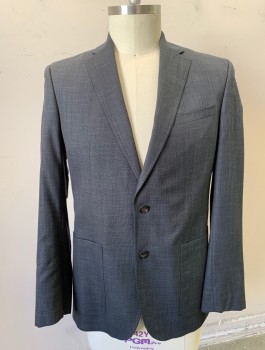 Mens, Sportcoat/Blazer, N/L, Dk Gray, Lt Gray, Black, Wool, Silk, Heathered, 42L, Single Breasted, Notched Lapel with Hand Picked Stitching, 2 Buttons, 3 Pockets Including 2 Large Patch Pockets at Hips, Purple Patterned Lining, Retro