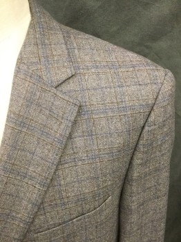 Mens, Sportcoat/Blazer, SAVILE ROW, Lt Brown, Brown, Lt Blue, Wool, Heathered, 50R, Single Breasted, Collar Attached, Notched Lapel, 2 Buttons,  3 Pockets