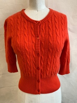 AQUA, Orange, Cashmere, Solid, Cable Knit, Ribbed Knit Neck/Placket/Waistband/Cuff, Button Front, 3/4 Sleeve