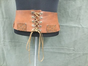 Unisex, Sci-Fi/Fantasy Belt, MTO, Brown, Leather, Solid, Med, Leather Panels Woven Together with Leather Straps, Rivetted Suede Rectangular Panel Detail