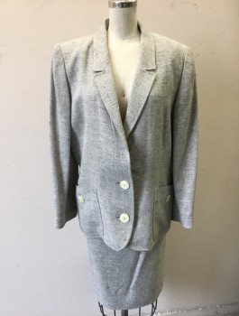 VALENTINO, Gray, Lt Gray, Wool, Herringbone, Speckled, 2 Oversized Cream Buttons, Notched Lapel, Padded Shoulders, 2 Patch Pockets with Buttons, Elastic Waist and Self Belt in Back,