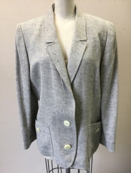 VALENTINO, Gray, Lt Gray, Wool, Herringbone, Speckled, 2 Oversized Cream Buttons, Notched Lapel, Padded Shoulders, 2 Patch Pockets with Buttons, Elastic Waist and Self Belt in Back,