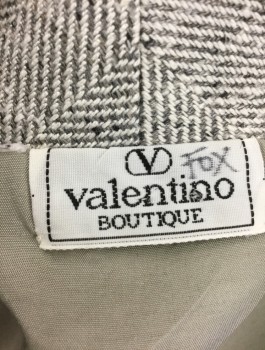 Womens, 1980s Vintage, Suit, Jacket, VALENTINO, Gray, Lt Gray, Wool, Herringbone, Speckled, B:38, 2 Oversized Cream Buttons, Notched Lapel, Padded Shoulders, 2 Patch Pockets with Buttons, Elastic Waist and Self Belt in Back,