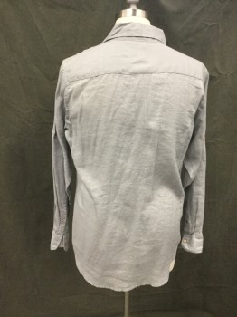 SAKS FIFTH AVE, Gray, Linen, Solid, Button Front, Collar Attached, Long Sleeves, 2 Flap Pockets, Button Cuff
