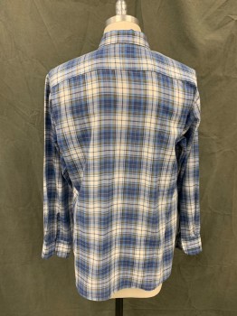 SEARS, Blue, Navy Blue, White, Black, Cotton, Plaid, Button Front, Collar Attached, Long Sleeves, Button Cuff (1 Missing Button, 1 Pocket, *Right Cuff Tearing Away From Sleeve*,