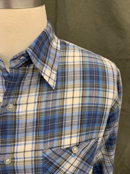 SEARS, Blue, Navy Blue, White, Black, Cotton, Plaid, Button Front, Collar Attached, Long Sleeves, Button Cuff (1 Missing Button, 1 Pocket, *Right Cuff Tearing Away From Sleeve*,