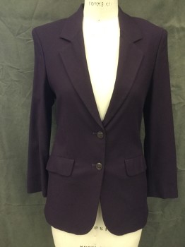 BENETTON, Aubergine Purple, Wool, Polyester, Solid, Single Breasted, Collar Attached, Notched Lapel, 2 Pockets, Long Sleeves