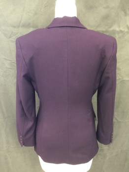 BENETTON, Aubergine Purple, Wool, Polyester, Solid, Single Breasted, Collar Attached, Notched Lapel, 2 Pockets, Long Sleeves