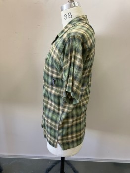 PATAGONIA, Green, Brown, Black, White, Plaid, Button Front, Collar Attached, Short Sleeves, 1 Pocket, Cheese Cloth