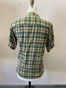 PATAGONIA, Green, Brown, Black, White, Plaid, Button Front, Collar Attached, Short Sleeves, 1 Pocket, Cheese Cloth