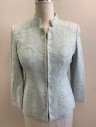 Womens, 1990s Vintage, Piece 1, ALBERT NIPON, Ice Blue, Acetate, Polyester, Geometric, B:38, Sz 8, Blazer/Jacket, Gabardine with Clear Seed Beads in Circles and Four Leaf Clover Shapes, Long Sleeves, Mandarin Collar, Zip Front, Padded Shoulders,