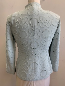 Womens, 1990s Vintage, Piece 1, ALBERT NIPON, Ice Blue, Acetate, Polyester, Geometric, B:38, Sz 8, Blazer/Jacket, Gabardine with Clear Seed Beads in Circles and Four Leaf Clover Shapes, Long Sleeves, Mandarin Collar, Zip Front, Padded Shoulders,