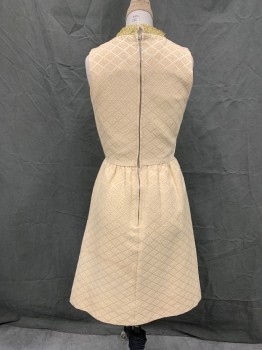 MISS THEME, Almond, White, Silk, Solid, Diamonds, Diamond Quilting with White Stitching, Sleeveless, Zip Back, Gathered at Waistband, Gold Filament Stripe Lace, Stand Collar, *Brown Spot on Left Shoulder, Spot on Near Front Hem, Large Water Spot on Back Near Hem,