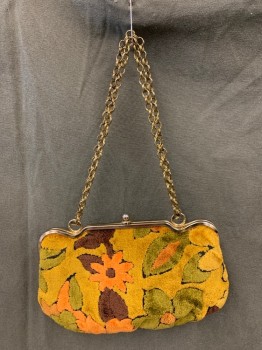 Womens, 1960s Vintage, Piece 2, N/L, Dijon Yellow, Orange, Dk Brown, Green, Cotton, Floral, Matching Chenille Purse, Gold Clasp Closure, Gold Chain,