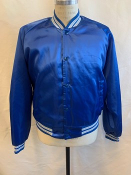 Mens, Jacket, TRIED & TRUE, Royal Blue, Silver, White, Synthetic, Solid, Stripes, M, Snap Front, Silver and White Stripes at Band Collar and Cuffs and Waistband, 2 Pockets, Padded