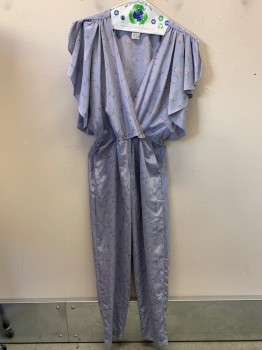 Womens, Jumpsuit, JODY, Powder Blue, Mauve Pink, Blue-Gray, Polyester, Floral, Abstract , W32, B38-40, Slvls, V-N, Button Front, Flounce Sleeves