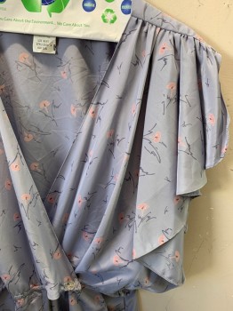 JODY, Powder Blue, Mauve Pink, Blue-Gray, Polyester, Floral, Abstract , Slvls, V-N, Button Front, Flounce Sleeves