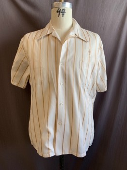 MR. CALIFORNIA, Beige, White, Lt Brown, Poly/Cotton, Stripes - Vertical , Self Pattern Vertical Stripes, Collar Attached, Button Front, 2 Chest Pockets, Short Sleeves
*Missing 1st Button