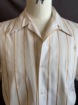 Mens, Shirt, MR. CALIFORNIA, Beige, White, Lt Brown, Poly/Cotton, Stripes - Vertical , XL, Self Pattern Vertical Stripes, Collar Attached, Button Front, 2 Chest Pockets, Short Sleeves
*Missing 1st Button