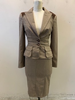 BEBE, Beige, Brown, Dk Brown, Polyester, Viscose, Houndstooth, Peaked Lapel, Single Breasted, Button Front, 2 Buttons, 2 Pockets, Brown Corduroy on Shoulders, Pleated Fabric Over Back
