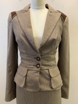 Womens, Suit, Jacket, BEBE, Beige, Brown, Dk Brown, Polyester, Viscose, Houndstooth, 4, Peaked Lapel, Single Breasted, Button Front, 2 Buttons, 2 Pockets, Brown Corduroy on Shoulders, Pleated Fabric Over Back