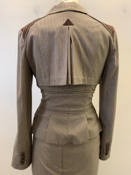 Womens, Suit, Jacket, BEBE, Beige, Brown, Dk Brown, Polyester, Viscose, Houndstooth, 4, Peaked Lapel, Single Breasted, Button Front, 2 Buttons, 2 Pockets, Brown Corduroy on Shoulders, Pleated Fabric Over Back