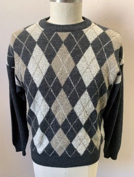 Mens, Pullover Sweater, BRANDINI, Dk Gray, Taupe, Off White, Acrylic, Wool, Argyle, L, Knit, Crew Neck, Long Sleeves