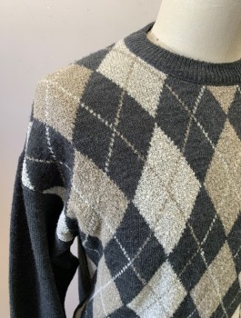 Mens, Pullover Sweater, BRANDINI, Dk Gray, Taupe, Off White, Acrylic, Wool, Argyle, L, Knit, Crew Neck, Long Sleeves