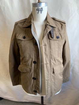 Mens, Casual Jacket, ZARA MAN, Dk Khaki Brn, Poly/Cotton, Nylon, Solid, L, Zipper and Button Front, 6+ Pockets, Leather Buckle at Neck, Epaulets, Work/cargo Jacket