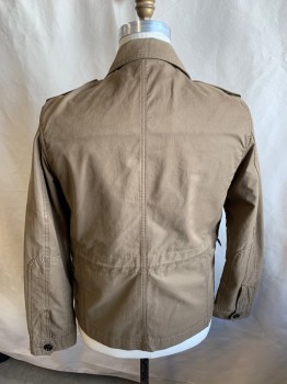 Mens, Casual Jacket, ZARA MAN, Dk Khaki Brn, Poly/Cotton, Nylon, Solid, L, Zipper and Button Front, 6+ Pockets, Leather Buckle at Neck, Epaulets, Work/cargo Jacket