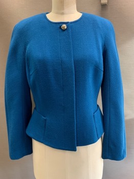 MATTIOLO, Teal Blue, Wool, Solid, Blazer, Button Front, Single Breasted, Crew Neck, Top Pockets,