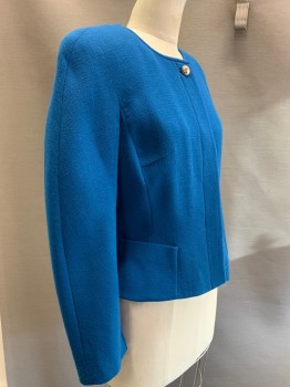 MATTIOLO, Teal Blue, Wool, Solid, Blazer, Button Front, Single Breasted, Crew Neck, Top Pockets,