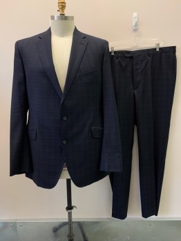TED BAKER, Navy Blue, Wool, Polyester, Plaid, 2 Buttons, Single Breasted, Notched Lapel, 3 Pockets