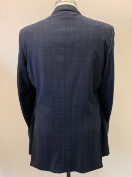 TED BAKER, Navy Blue, Wool, Polyester, Plaid, 2 Buttons, Single Breasted, Notched Lapel, 3 Pockets