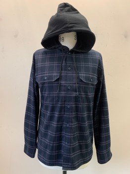 Mens, Casual Jacket, VINCE, Black, Purple, Gray, Polyester, Rayon, Plaid-  Windowpane, C: 44, M, L/S, Button Front, Chest Pockets, Attached Hood with D String,