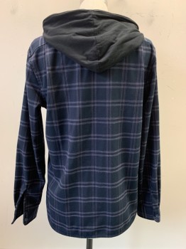 Mens, Casual Jacket, VINCE, Black, Purple, Gray, Polyester, Rayon, Plaid-  Windowpane, C: 44, M, L/S, Button Front, Chest Pockets, Attached Hood with D String,