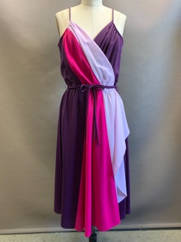 N/L, Dk Purple, Magenta Pink, Lilac Purple, Polyester, Color Blocking, Spaghetti Strap, Surplice V Neck, Pleated at Straps, Elastic Waist, Knee Length, **With Matching Belt