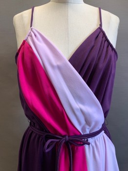 N/L, Dk Purple, Magenta Pink, Lilac Purple, Polyester, Color Blocking, Spaghetti Strap, Surplice V Neck, Pleated at Straps, Elastic Waist, Knee Length, **With Matching Belt
