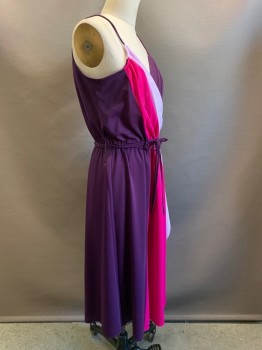 Womens, Dress, N/L, Dk Purple, Magenta Pink, Lilac Purple, Polyester, Color Blocking, W24-28, B36, Spaghetti Strap, Surplice V Neck, Pleated at Straps, Elastic Waist, Knee Length, **With Matching Belt