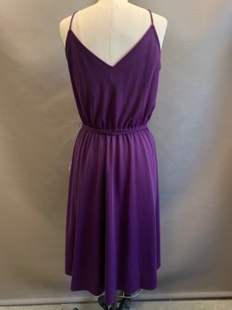 Womens, Dress, N/L, Dk Purple, Magenta Pink, Lilac Purple, Polyester, Color Blocking, W24-28, B36, Spaghetti Strap, Surplice V Neck, Pleated at Straps, Elastic Waist, Knee Length, **With Matching Belt