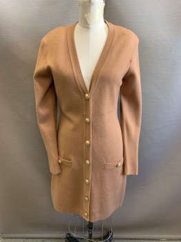 Womens, Sweater, L' AGENCE, Camel Brown, Rayon, Nylon, M, Knit, V-neck, Single Breasted, Button Front, Gold Buttons, 2 Pockets, Long-Line