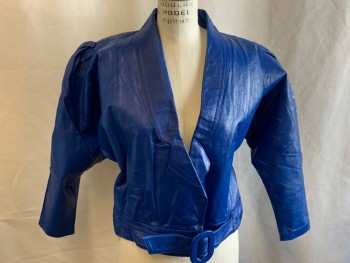 Womens, Jacket, ABBA, Royal Blue, Leather, Solid, 32, Shawl Collar with Lower Notch, Snap Front, Front Belt Attached, Dolman Sleeve