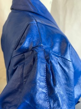 Womens, Jacket, ABBA, Royal Blue, Leather, Solid, 32, Shawl Collar with Lower Notch, Snap Front, Front Belt Attached, Dolman Sleeve