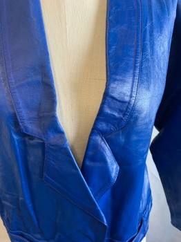ABBA, Royal Blue, Leather, Solid, Shawl Collar with Lower Notch, Snap Front, Front Belt Attached, Dolman Sleeve