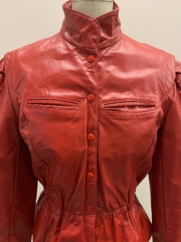 Womens, Leather Jacket, LEATHERCRAFT PROCESS, Red, Leather, Nylon, Solid, W25, B34, L/S, Snap Button Front, Collar Attached, Chest Pocket, Scrunched Waist Band,
