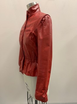 Womens, Leather Jacket, LEATHERCRAFT PROCESS, Red, Leather, Nylon, Solid, W25, B34, L/S, Snap Button Front, Collar Attached, Chest Pocket, Scrunched Waist Band,