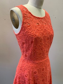 Womens, Dress, Sleeveless, AQUA, Coral Pink, Cotton, Nylon, Solid, Swirl , M, Looped Lace Fabric Over Opaque Base Layer, 1.5" Straps, Scoop Neck, Fit and Flare Shape, Hem Above Knee, Invisible Zipper in Back